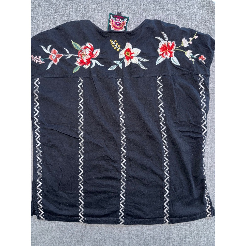Johnny Was Black Floral Tiger Embroidered Cotton Knit Split Neck Top Large L - Picture 7 of 7